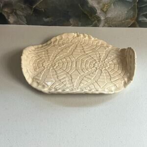 Art Studio Trinket Dish Off White Floral Stamped Design Folded Rim 9" Footed